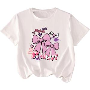 imageGirls Graphic Tees Short Sleeve Bow Print Tee Tops Crew Neck Drop Shoulder Casual Summer T ShirtsWhite With Pink