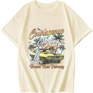 imageGirls Graphic Tees Short Sleeve Crewneck T Shirt Preppy Cute Tops Casual Summer Tee TopsApricot Patterned