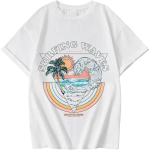 imageGirls Graphic Tees Short Sleeve Crewneck T Shirt Preppy Cute Tops Casual Summer Tee TopsBeach White