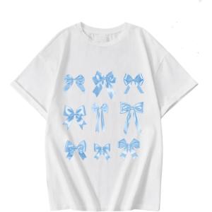 imageGirls Graphic Tees Short Sleeve Crewneck T Shirt Preppy Cute Tops Casual Summer Tee TopsBlue Bow White