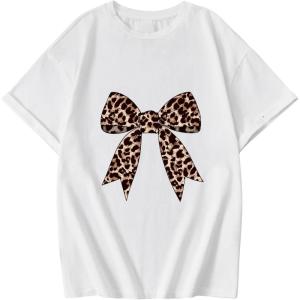 imageGirls Graphic Tees Short Sleeve Crewneck T Shirt Preppy Cute Tops Casual Summer Tee TopsCheetah White