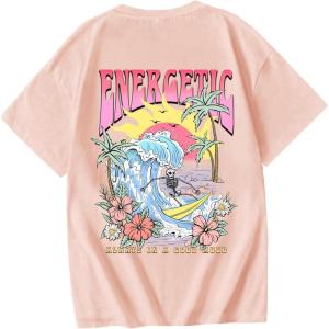 imageGirls Graphic Tees Short Sleeve Crewneck T Shirt Preppy Cute Tops Casual Summer Tee TopsCoral Pink Graphic