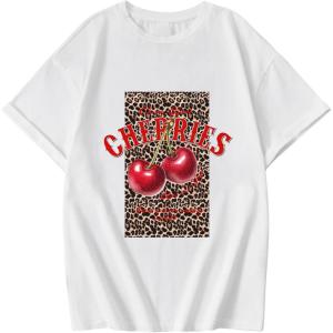 imageGirls Graphic Tees Short Sleeve Crewneck T Shirt Preppy Cute Tops Casual Summer Tee TopsLeopard White