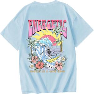 imageGirls Graphic Tees Short Sleeve Crewneck T Shirt Preppy Cute Tops Casual Summer Tee TopsLigth Blue