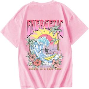 imageGirls Graphic Tees Short Sleeve Crewneck T Shirt Preppy Cute Tops Casual Summer Tee TopsPink Letter