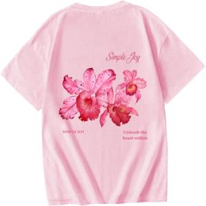imageGirls Graphic Tees Short Sleeve Crewneck T Shirt Preppy Cute Tops Casual Summer Tee TopsPink Red Letter