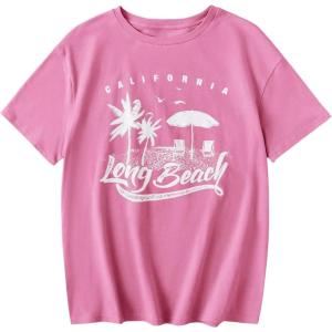 imageGirls Graphic Tees Short Sleeve Crewneck T Shirt Preppy Cute Tops Casual Summer Tee TopsTropical Pink