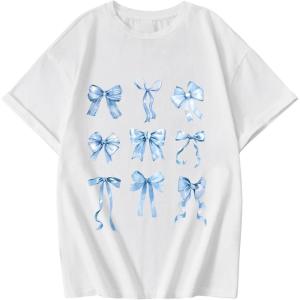 imageGirls Graphic Tees Short Sleeve Crewneck T Shirt Preppy Cute Tops Casual Summer Tee TopsWhite Blue Bow
