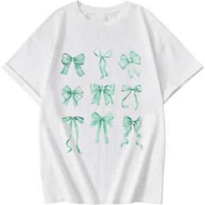 imageGirls Graphic Tees Short Sleeve Crewneck T Shirt Preppy Cute Tops Casual Summer Tee TopsWhite Pink