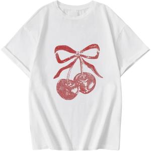 imageGirls Graphic Tees Short Sleeve Crewneck T Shirt Preppy Cute Tops Casual Summer Tee TopsWhite Red Bow