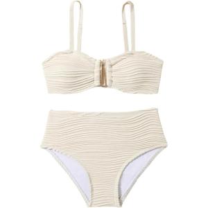 imageGirls High Waisted Bikini Sets 2 Piece Textured Wireless Bathing Suit Spaghetti Strap Boho SwimsuitBeige