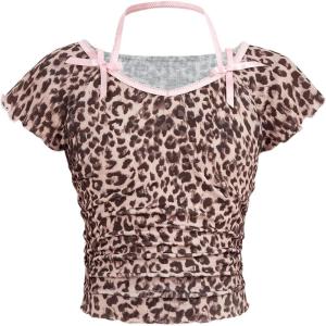 imageGirls Leopard Print Bow T Shirt Halter Short Sleeve Fitted Ruched Y2K Tee TopsBrown