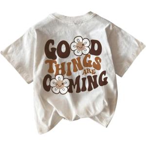 imageGirls Letter Graphic Tees Short Sleeve Crew Neck TShirts Loose Cute TopsBrown and White