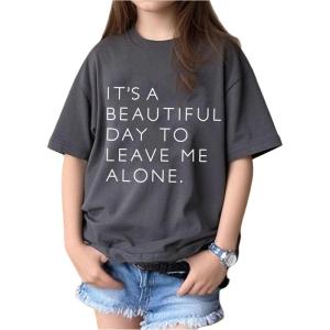 imageGirls Letter Print Short Sleeve T Shirts Casual Crew Neck Summer Graphic Tee TopsDark Grey