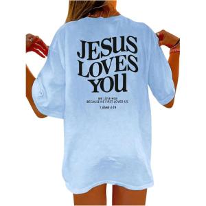 imageGirls Letter Print T Shirt Half Sleeve Drop Shoulder Crew Neck Oversized Tee TopsPatterned Blue