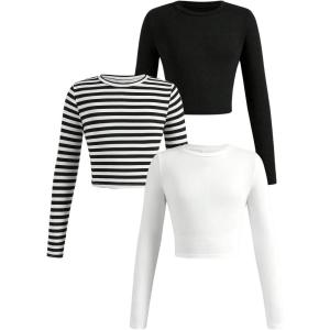 imageGirls Long Sleeve Shirts Crew Nekc Slim Fitted Tight Fall Basic Tees Cute Crop Tops for GirlsBlack and White