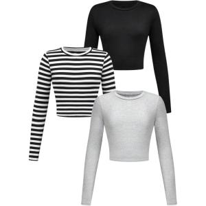 imageGirls Long Sleeve Shirts Crew Nekc Slim Fitted Tight Fall Basic Tees Cute Crop Tops for GirlsLight Grey