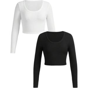 imageGirls Long Sleeve T Shirt Slim Fit Crewneck Fall Basic Tees Ribbed Knit Crop Top for GirlsBlack and White