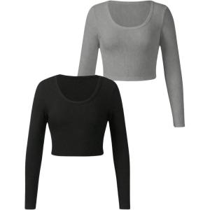 imageGirls Long Sleeve T Shirt Slim Fit Crewneck Fall Basic Tees Ribbed Knit Crop Top for GirlsGrey and Black