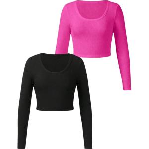 imageGirls Long Sleeve T Shirt Slim Fit Crewneck Fall Basic Tees Ribbed Knit Crop Top for GirlsPink and Black