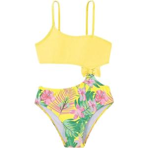 imageGirls One Piece Swimsuits Tropical Graphic Cut Out High Waisted Bikini Sets Cute Bathing SuitYellow