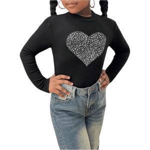 imageGirls Rhinestone Heart Graphic Tee Tops Mock Neck Long Sleeve Glitter Fall T ShirtBlack