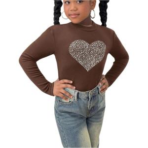 imageGirls Rhinestone Heart Graphic Tee Tops Mock Neck Long Sleeve Glitter Fall T ShirtBrown