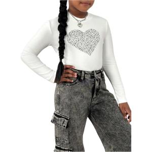 imageGirls Rhinestone Heart Graphic Tee Tops Mock Neck Long Sleeve Glitter Fall T ShirtWhite
