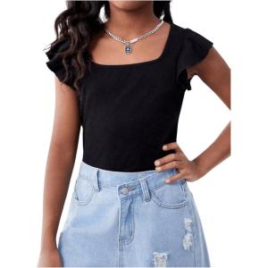 imageGirls Ruffle Flutter Sleeve Square Neck T Shirts Slim Fit Ribbed Knit Tee Summer TopsBlack