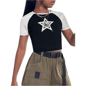 imageGirls Star Print Graphic Tee Shirt Crew Neck Raglan Short Sleeve Crop TopsBlack and White