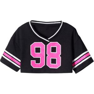 imageGirls Striped Graphic Jersey Tees V Neck Half Sleeve Crop Tops Y2K Summer TopsBlack