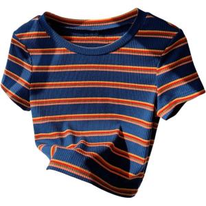 imageGirls Striped Short Sleeve TShirts Crew Neck Ribbed Crop Tees Summer TopsMulticolor
