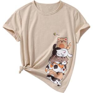 imageGirls Summer Tee Tops Cartoon Print Short Sleeve Round Neck Casual Cute T Shirt for GirlsApricot