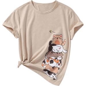 imageGirls Summer Tee Tops Cartoon Print Short Sleeve Round Neck Casual Cute T Shirt for GirlsApricot Graphic
