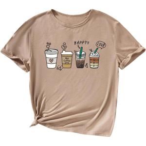 imageGirls Summer Tee Tops Cartoon Print Short Sleeve Round Neck Casual Cute T Shirt for GirlsKhaki