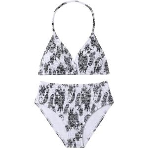 imageGirls Tie Dye Smocked 2 Piece Swimwear Sets Backless Halter Bikini Cute Brief Bathing SuitBlack and White
