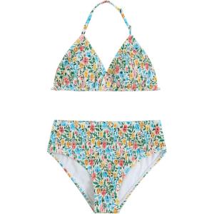 imageGirls Tie Dye Smocked 2 Piece Swimwear Sets Backless Halter Bikini Cute Brief Bathing SuitFloral Multicolor