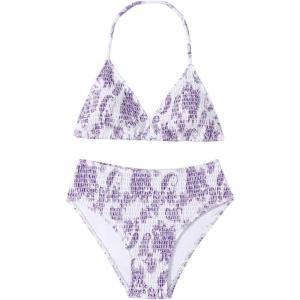 imageGirls Tie Dye Smocked 2 Piece Swimwear Sets Backless Halter Bikini Cute Brief Bathing SuitPurple