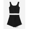 imageGirls 2 Piece Outfits Waffle Knit Scoop Neck Button Down Crop Tank Tops Paperbag Waist Track ShortsBlack
