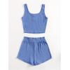 imageGirls 2 Piece Outfits Waffle Knit Scoop Neck Button Down Crop Tank Tops Paperbag Waist Track ShortsBlue