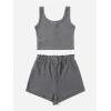 imageGirls 2 Piece Outfits Waffle Knit Scoop Neck Button Down Crop Tank Tops Paperbag Waist Track ShortsDark Grey