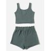 imageGirls 2 Piece Outfits Waffle Knit Scoop Neck Button Down Crop Tank Tops Paperbag Waist Track ShortsPure Green