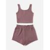 imageGirls 2 Piece Outfits Waffle Knit Scoop Neck Button Down Crop Tank Tops Paperbag Waist Track ShortsRedwood