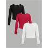 imageGirls 3 Pack Long Sleeve T Shirt Square Neck Slim Fit Basic Tee Tops Soft Fall TopsRed