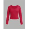 imageGirls 3 Pack Long Sleeve T Shirt Square Neck Slim Fit Basic Tee Tops Soft Fall TopsRed