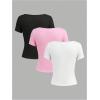 imageGirls 3 Packs Basic Tees Shirts Tops Square Neck Short Sleeve Slim Fit Summer Clothes Base Layer TeesWatermelon Pink
