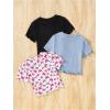 imageGirls 3 Packs Graphic Tees Butterfly Embroidery Short Sleeve T Shirt Crewneck Slim Fit TopsPink Multicolor