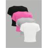 imageGirls 4 Pack Slim Fit Crop Tops Short Sleeve Crewneck Summer Shirts Tops Basic Layer TeesMulticoloured