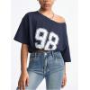 imageGirls Off The Shoulder Tops Number Graphic Jersey Shirts Short Sleeve Oversized T Shirts Y2k TopsDark Blue