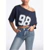 imageGirls Off The Shoulder Tops Number Graphic Jersey Shirts Short Sleeve Oversized T Shirts Y2k TopsDark Blue